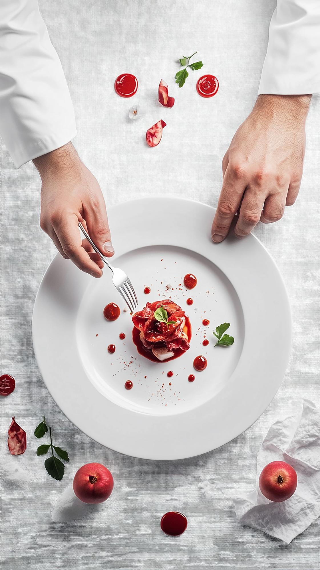 Chef arranging a plated dish on white table